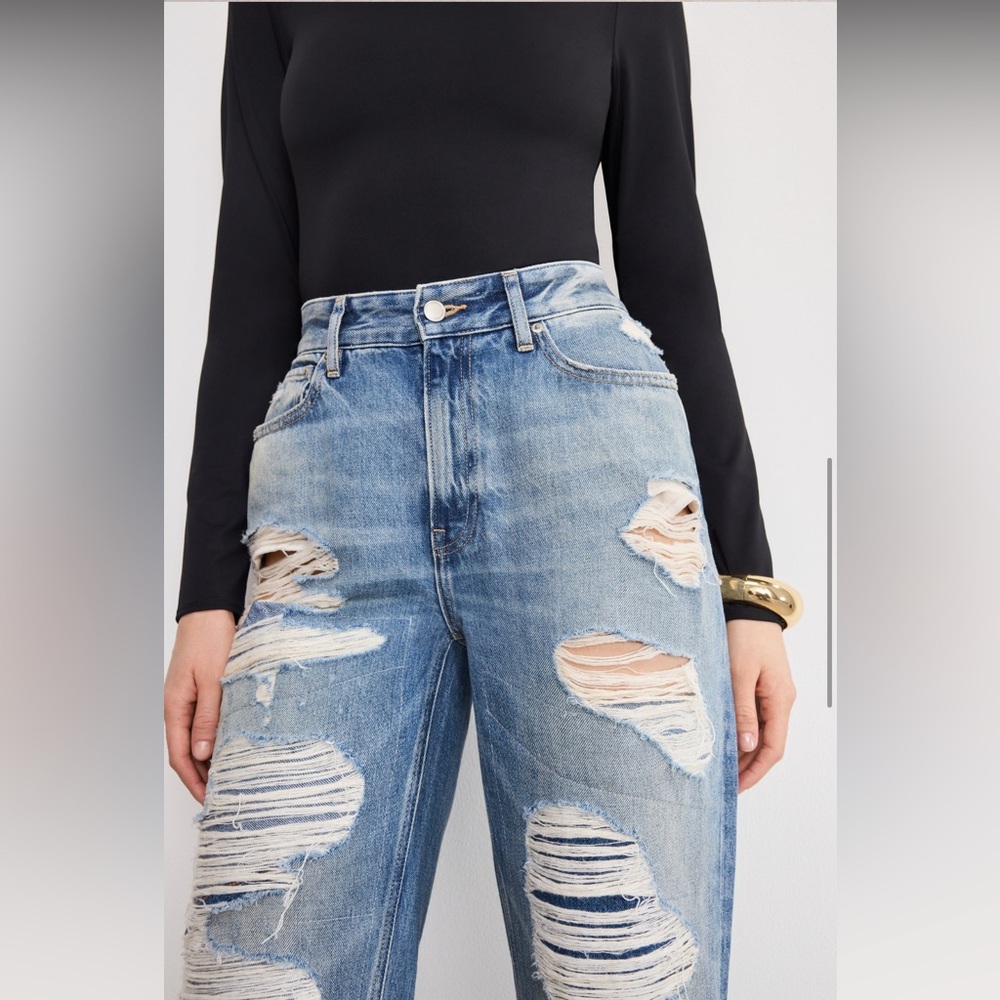 Good American Distressed Light Blue Straight Leg Jeans - Picture 6 of 13